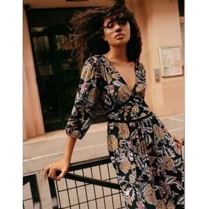 BA&SH Vienne Gathered Printed Crepe Midi Dress / Size 1 / US 4 / Black V-Neck